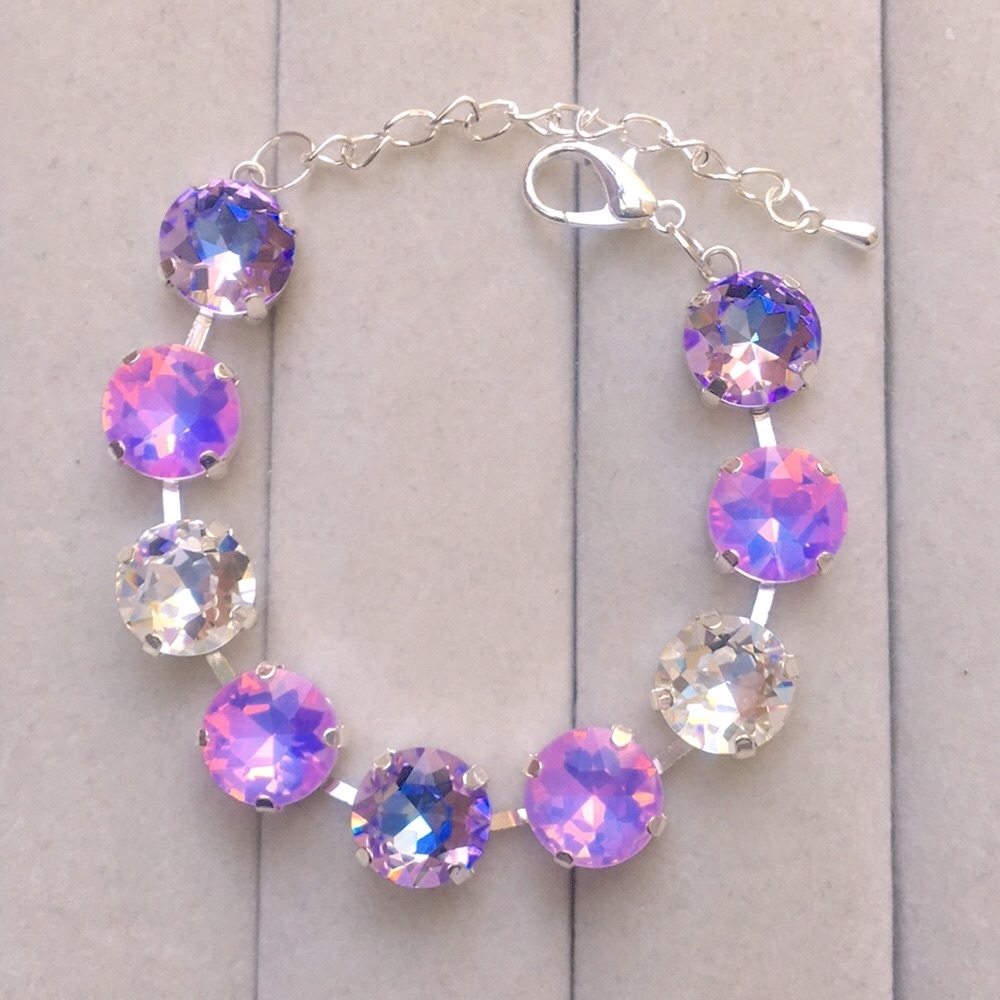 Pink + Purple Opal Aurora Borealis + Violet Silver Crystal Tennis Bracelet - Picture 6 of 12